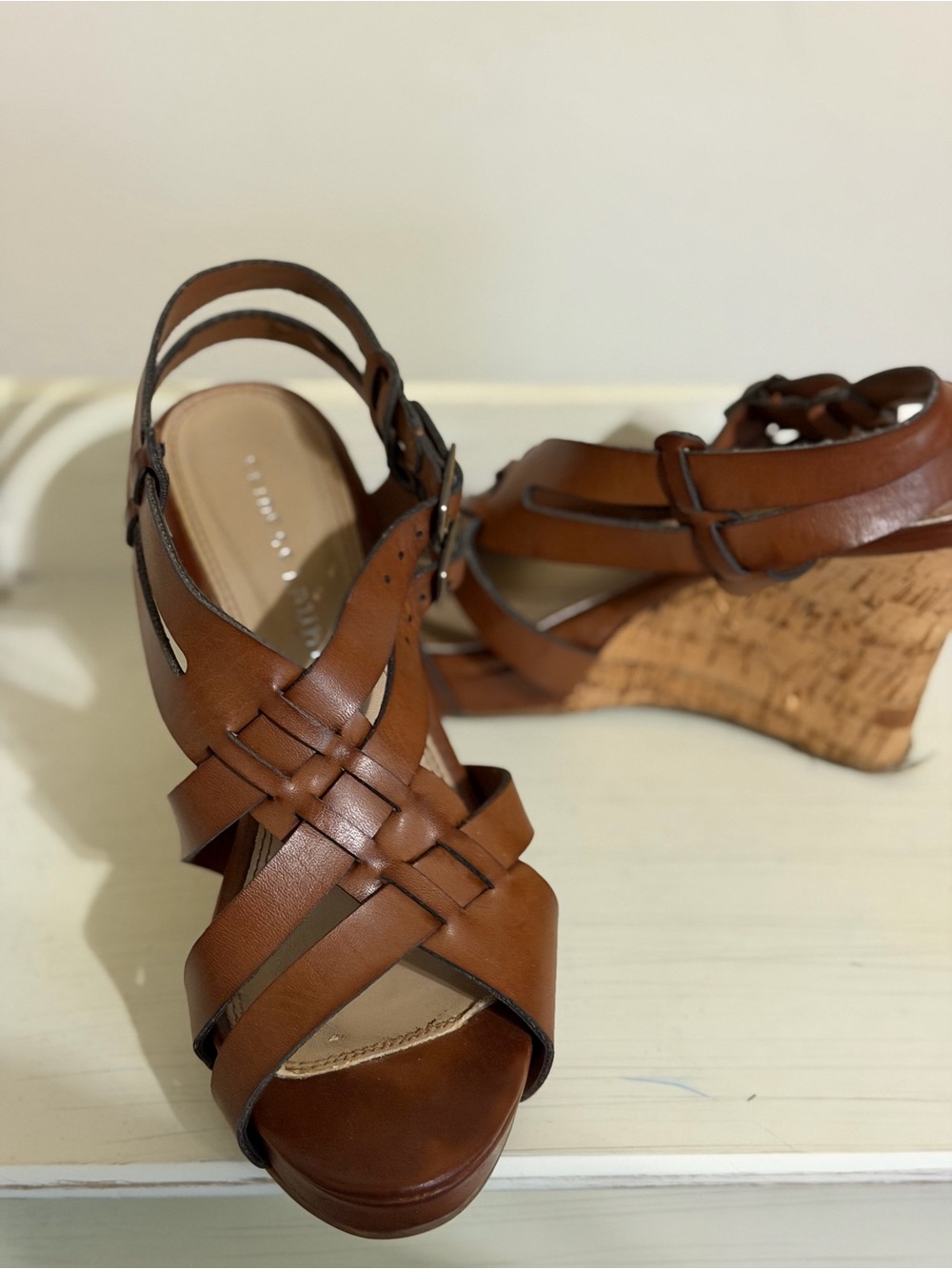 New! Chinese Laundry  Leather Cork Wedge Sandals in Brown
